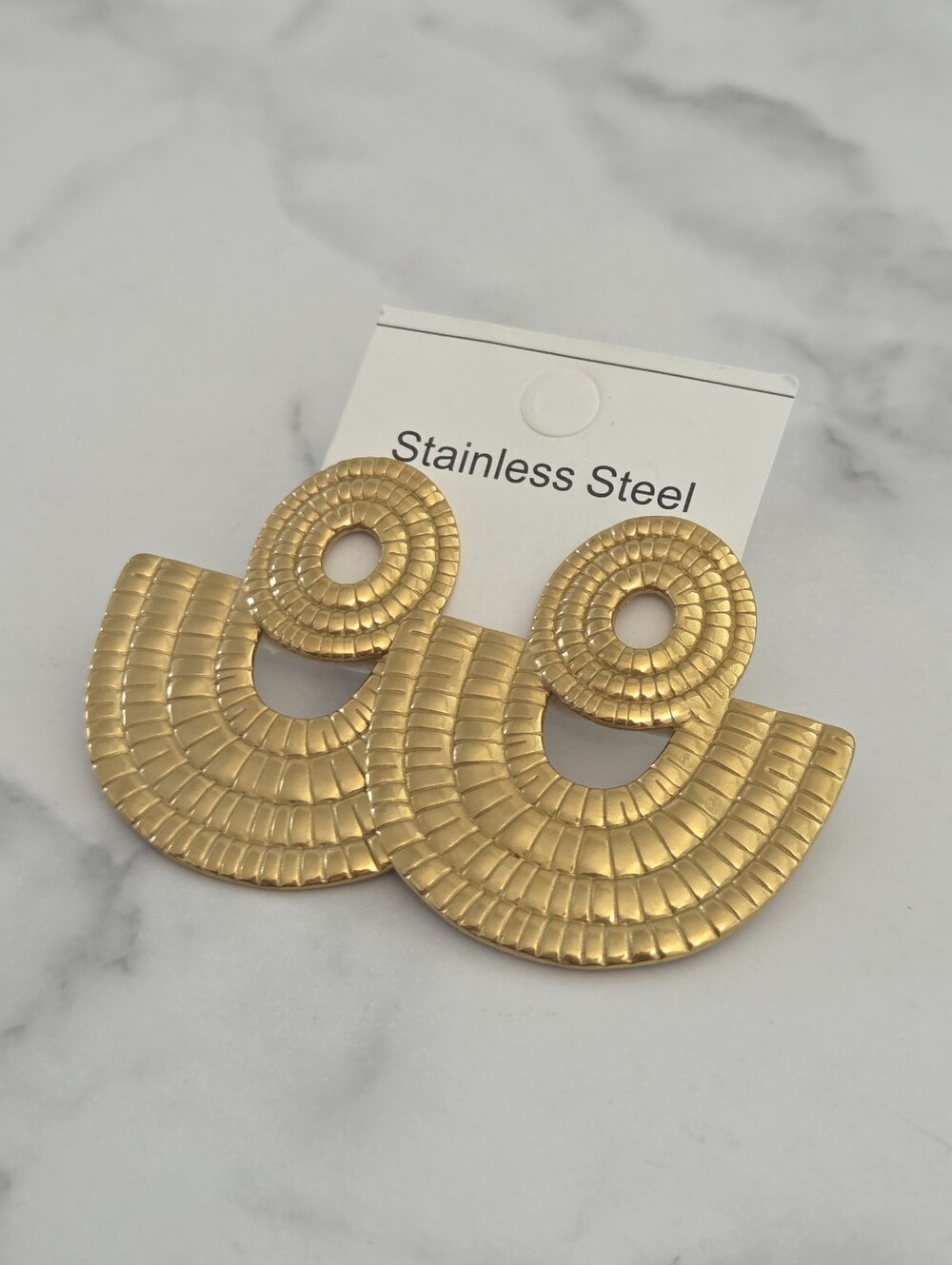 Stainless Steel Gold Textured Geometric Fan Drop Earrings - Picture 2 of 11